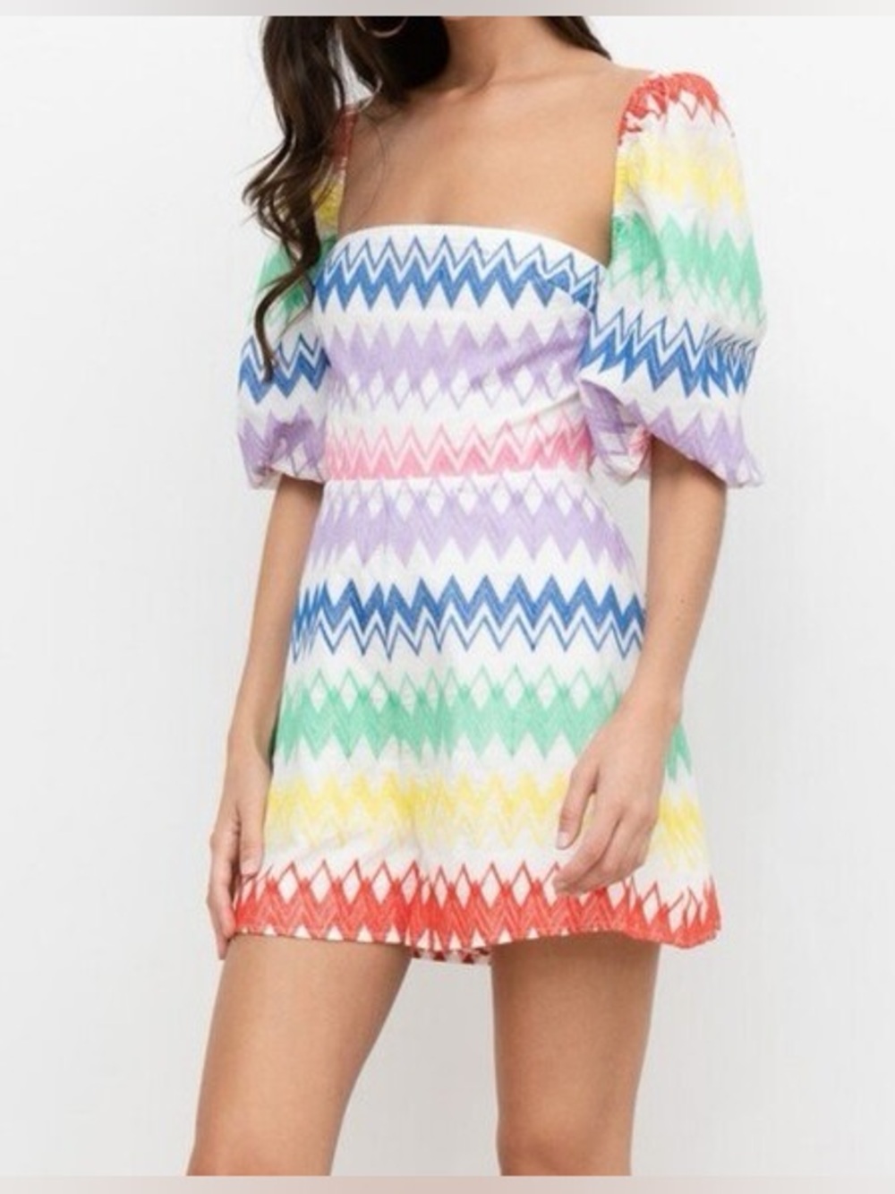 Yumi Kim White Rainbow Chevron Puff-Sleeve Mini Dress 6